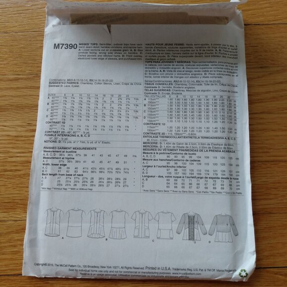 Plus Size 14-22 Pullover Tops Sewing Pattern Semi-Fitted UNCUT McCall's 7390 - Picture 4 of 9